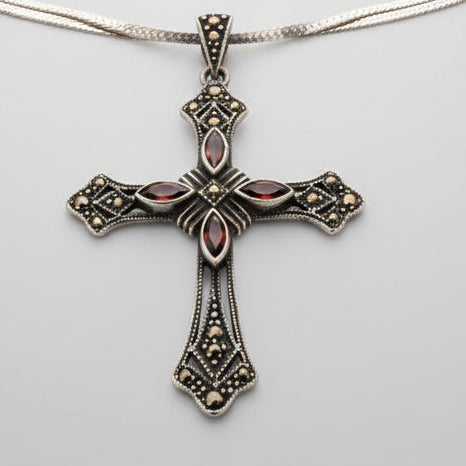 Vintage Sterling Silver Marcasite and Garnet Cross Necklace
