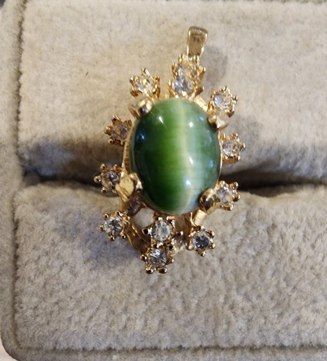 Elegant Pendent with Green Tigers eye gemstone accented with sparking clear stone - I Bought a Yard Sale