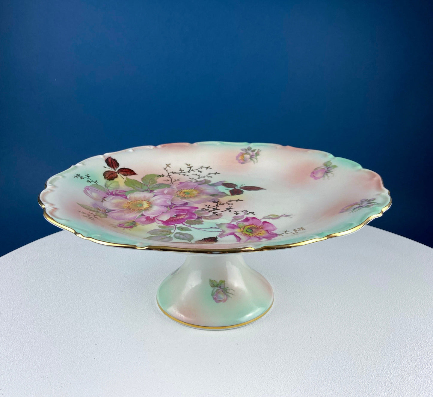 Vintage Shelley Footed Cake Stand. Hand Painted Porcelain Collectible Cake Serving Stand. Blue Bell Motif. Wedding Gift.