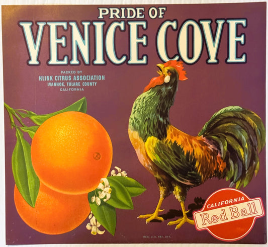 Antique 1930s Pride of Venice Cove Orange Crate Label — Klink Citrus Association, Ivanhoe, Tulare County CA