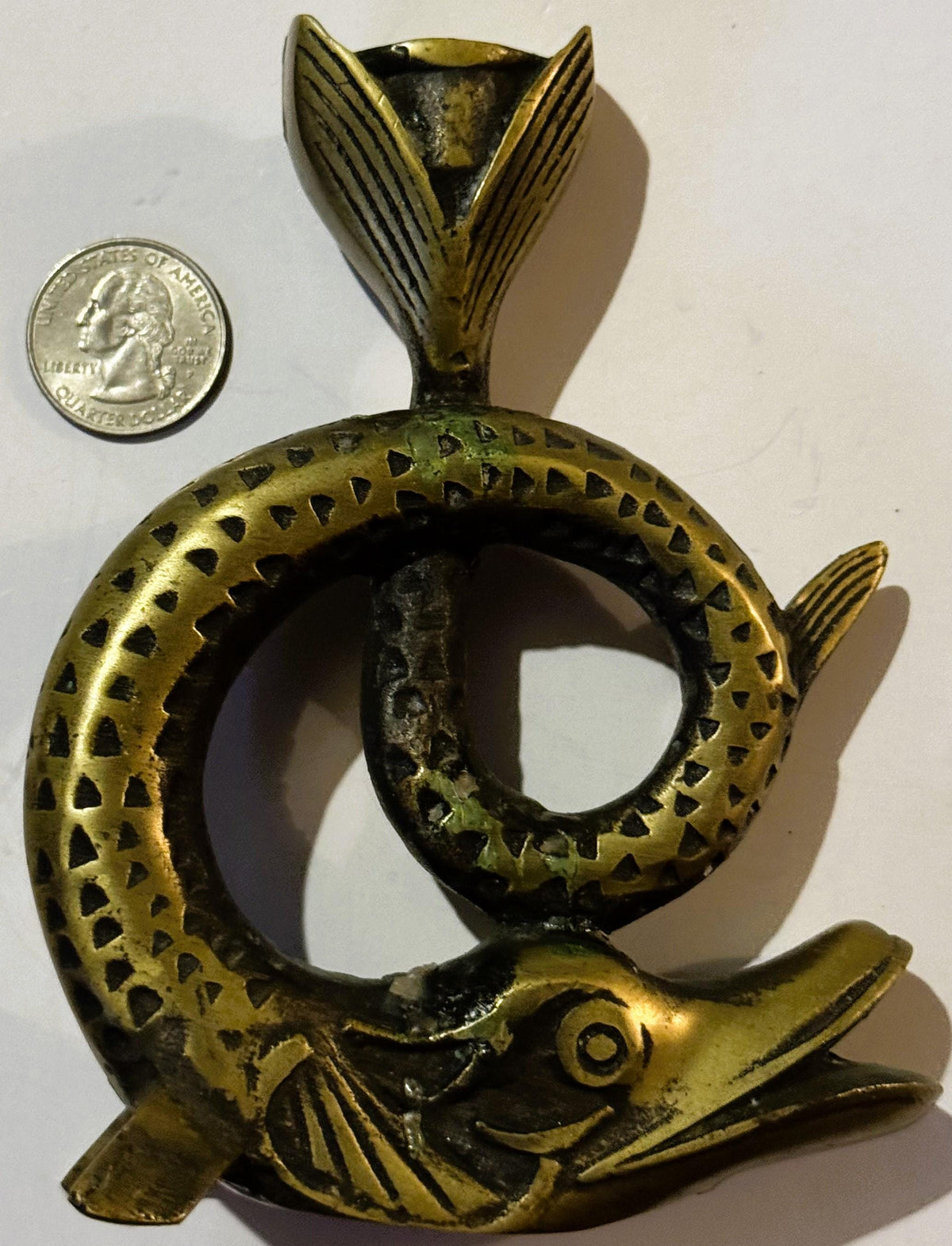 Vintage Bronze Fish Candlestick ๐ Coiled Figural Candle Holder with Aged Verdigris Patina