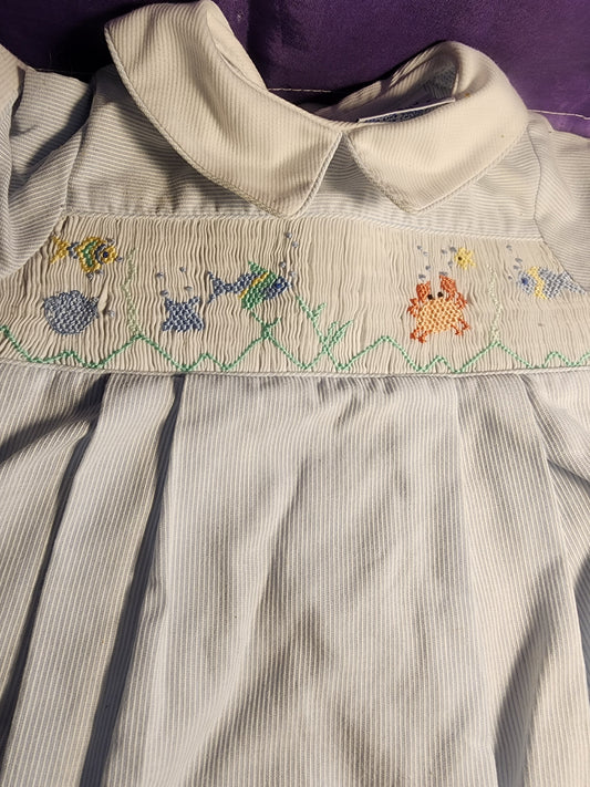 Friedknit Creations Smocked Baby Blue Beach ocean 3 Month Romper for boy