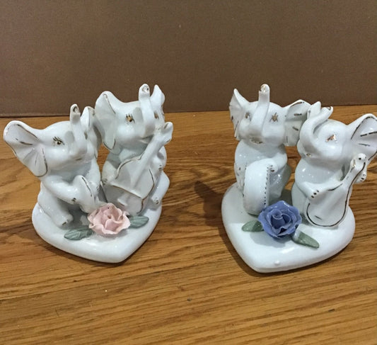 Vintage Victorian 2 sets of Porcelain Elephants on heart base with rose accents