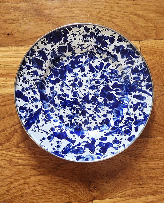 Vintage Enamelware Dinner Plates Cobalt Blue Spatterware 8.5” set of 2