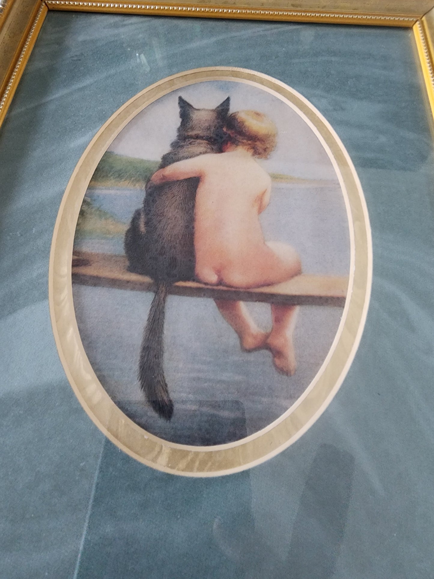 Gold Framed Print of boy and his dog, Pals 11.50" T x 9.15" w Bathing Beauties
