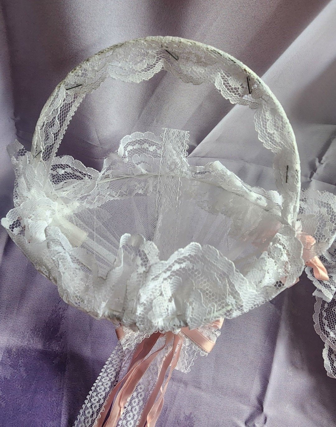Romantic Lace Wedding Ring Pillow & Flower Girl Basket with Pink Ribbon Accents . - I Bought a Yard Sale