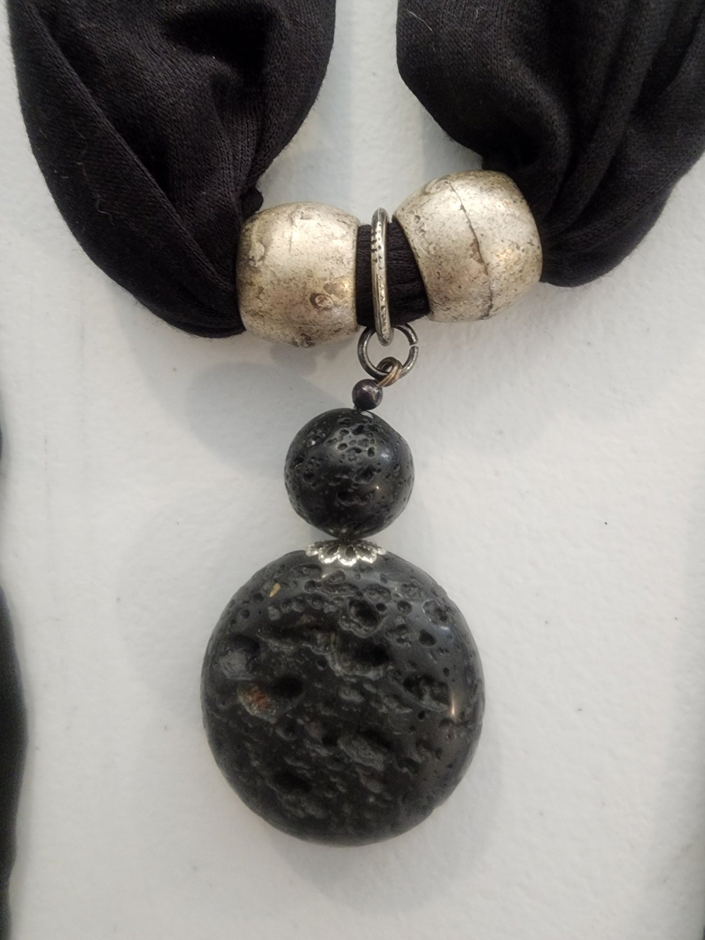 <span;>Black scarf with silver tone beads and black lava bead in middle of scarf. - I Bought a Yard Sale