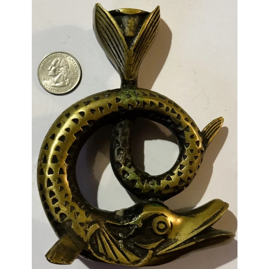 Vintage Bronze Fish Candlestick 🐟 Coiled Figural Candle Holder with Aged Verdigris Patina