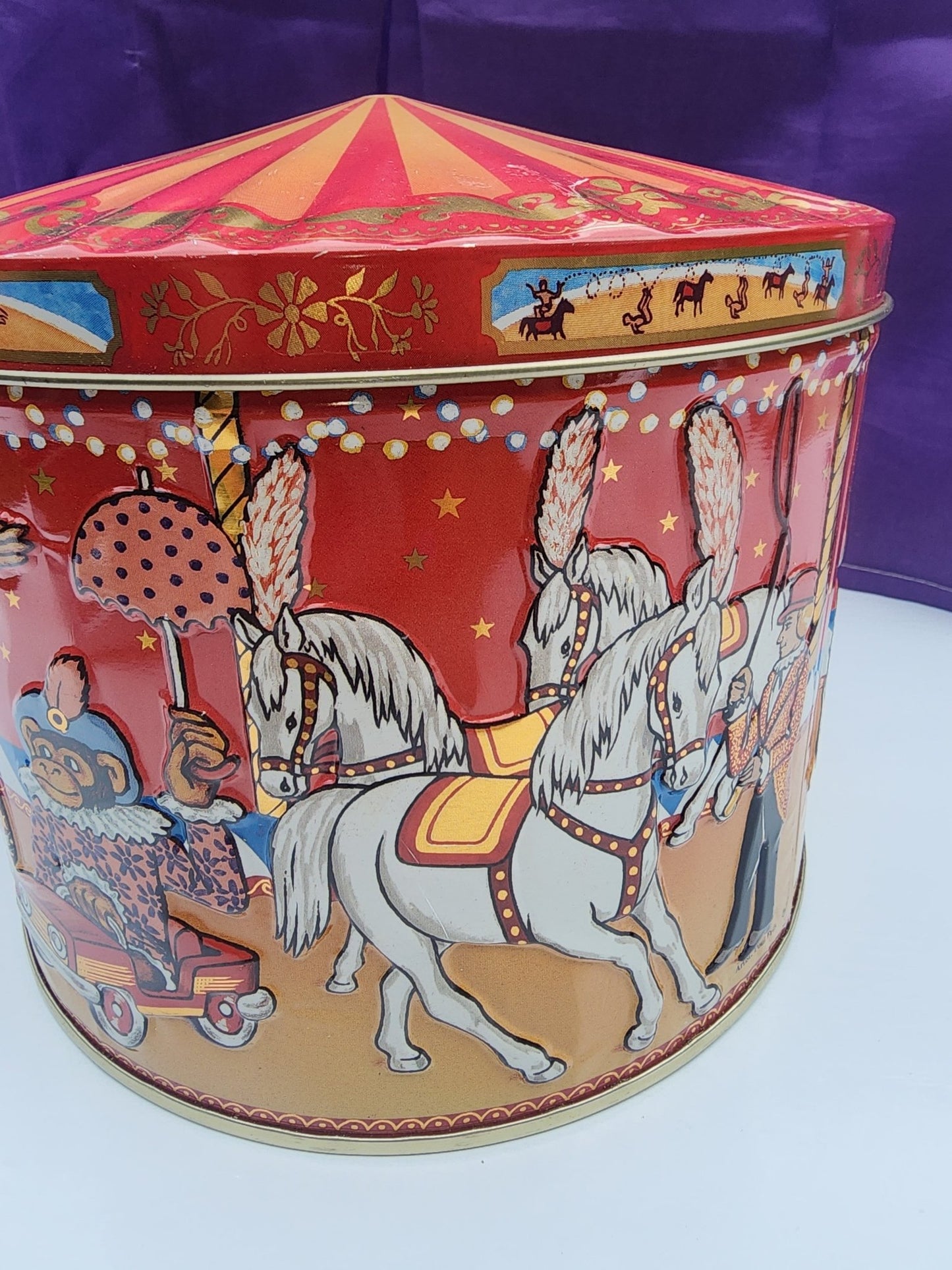Vintage Poul Friis Big Top Circus Empty Cookie Tin Featuring Elephants, Horses, Monkeys & Lions - I Bought a Yard Sale