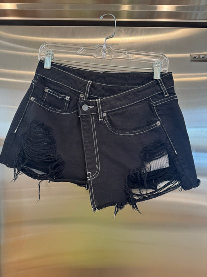 Carmar LF Asymmetrical Black Denim Mini Skirt Distressed Jean Skirt * Pre-Owned *