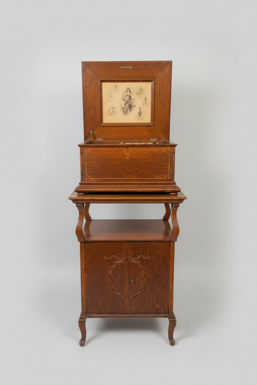 Antique Regina 15.5-Inch Disc Music Box With Original Oak Cabinet Stand & 18 Discs