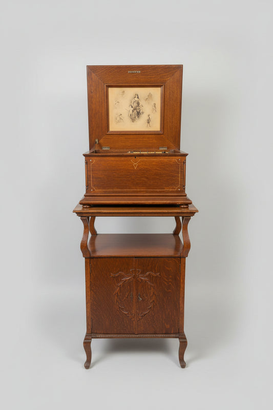 Antique Regina 15.5-Inch Disc Music Box With Original Oak Cabinet Stand & 18 Discs