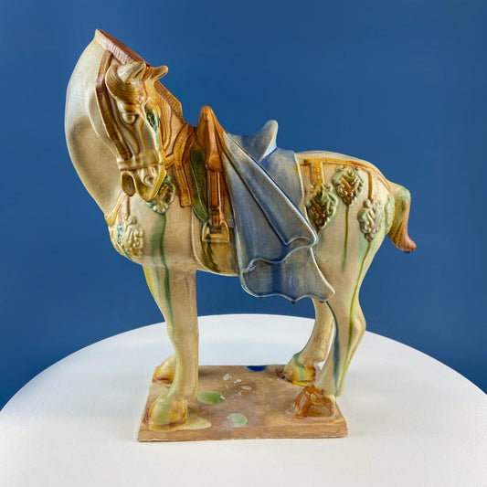 16.5" Tang Dynasty Like Ceramic War Horse. Chinese Sancai 3 Color Streaked Glaze. Collectible Animal Figurine. Gift for Him. Art Home Decor. - I Bought a Yard Sale