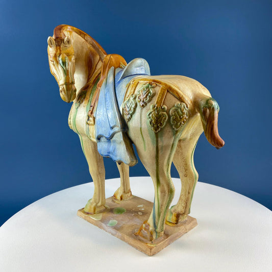16.5" Tang Dynasty Like Ceramic War Horse. Chinese Sancai 3 Color Streaked Glaze. Collectible Animal Figurine. Gift for Him. Art Home Decor. - I Bought a Yard Sale