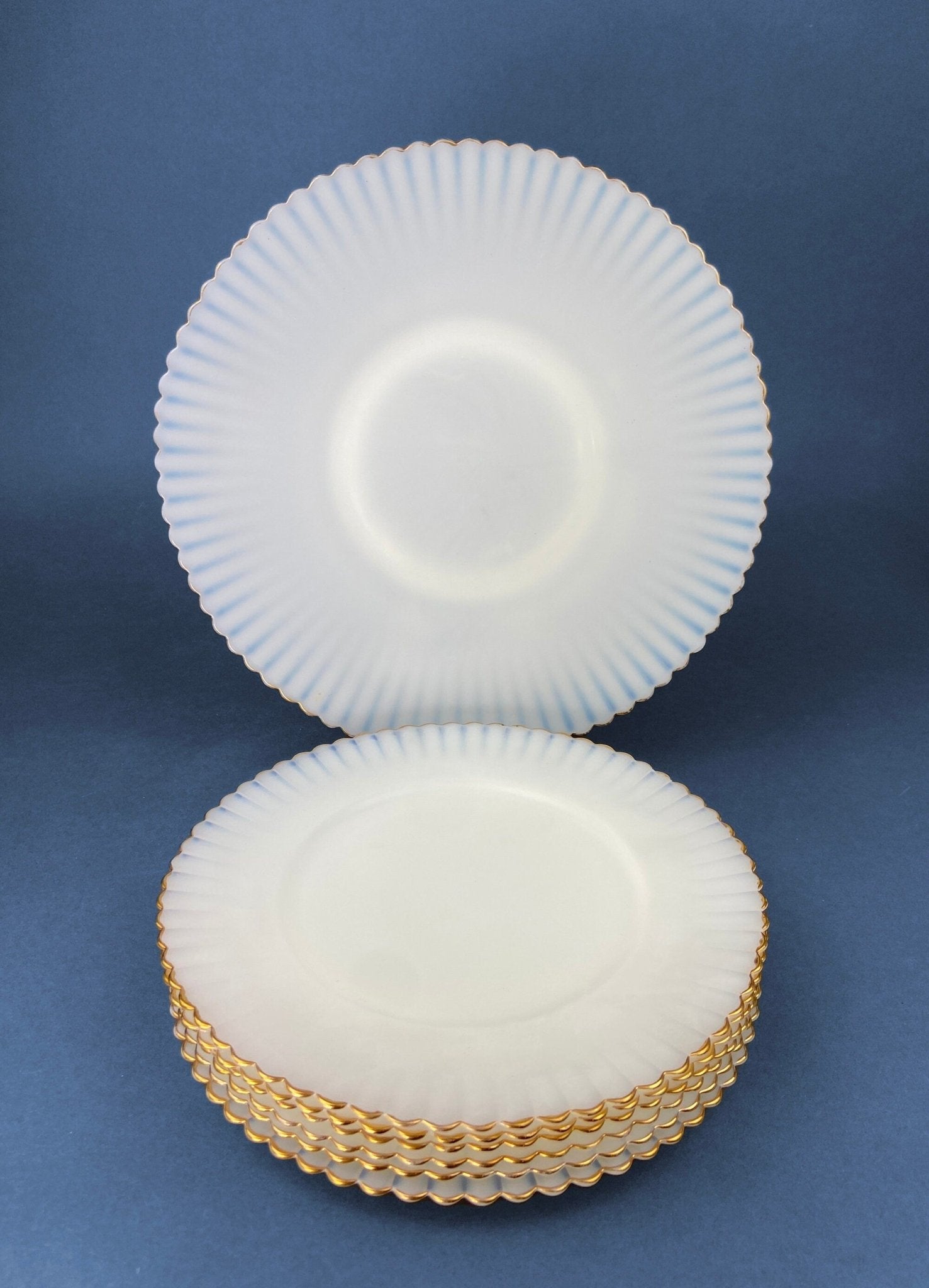 1930s Monax Petalware Opalescent Glass Dinner Plates. White Glass with Gold Rim. Depression Glass 8 Inch Dinner Plates. - I Bought a Yard Sale