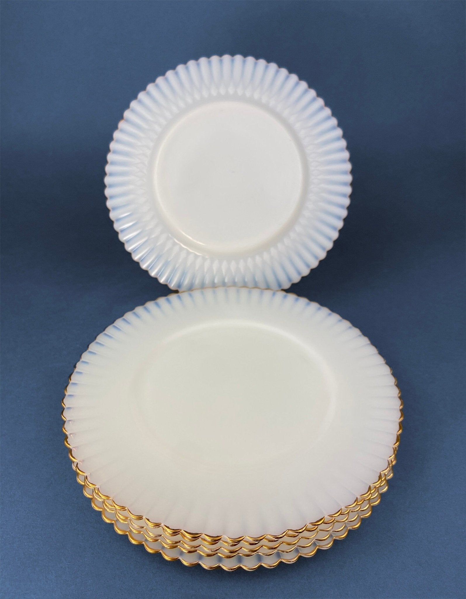 1930s Monax Petalware Opalescent Glass Dinner Plates. White Glass with Gold Rim. Depression Glass 8 Inch Dinner Plates. - I Bought a Yard Sale