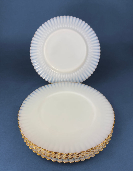 1930s Monax Petalware Opalescent Glass Dinner Plates. White Glass with Gold Rim. Depression Glass 8 Inch Dinner Plates. - I Bought a Yard Sale