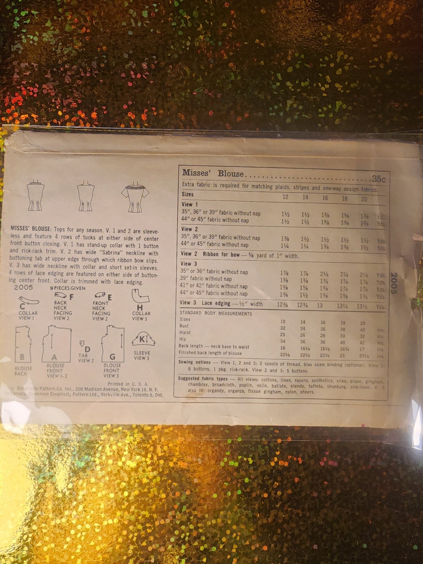 1956 Vintage Simplicity Pattern 2005 blouses. Size 12 - I Bought a Yard Sale