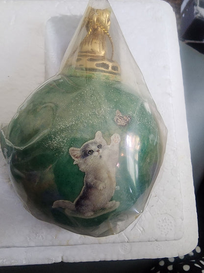 2 1999 Bradford Exchange Porcelain Hanging Figural Cat Round Ball Ornaments - I Bought a Yard Sale