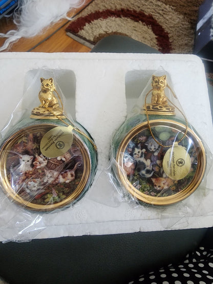 2 1999 Bradford Exchange Porcelain Hanging Figural Cat Round Ball Ornaments - I Bought a Yard Sale