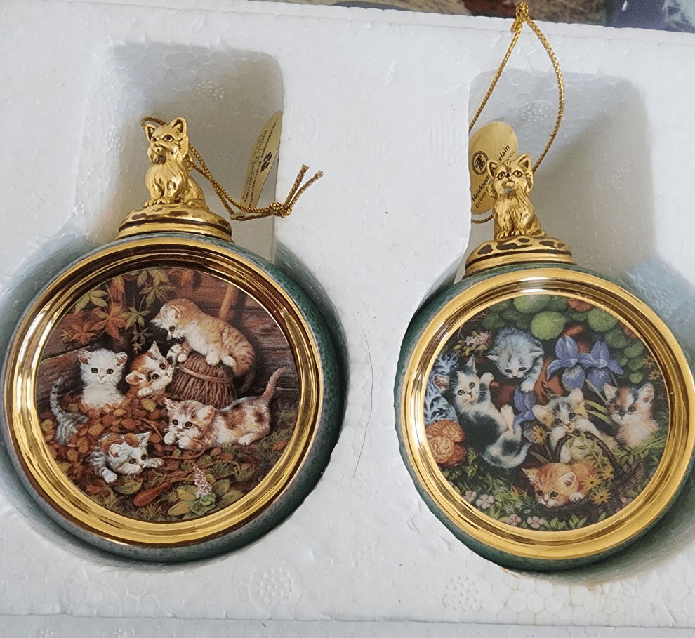 2 1999 Bradford Exchange Porcelain Hanging Figural Cat Round Ball Ornaments - I Bought a Yard Sale