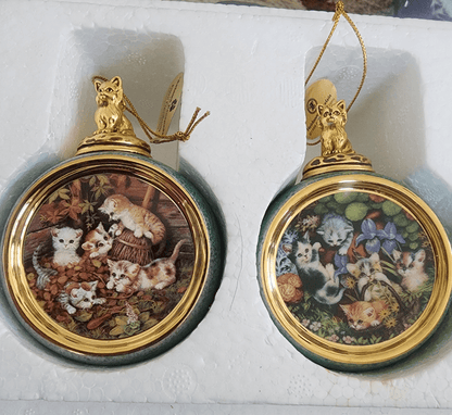 2 1999 Bradford Exchange Porcelain Hanging Figural Cat Round Ball Ornaments - I Bought a Yard Sale