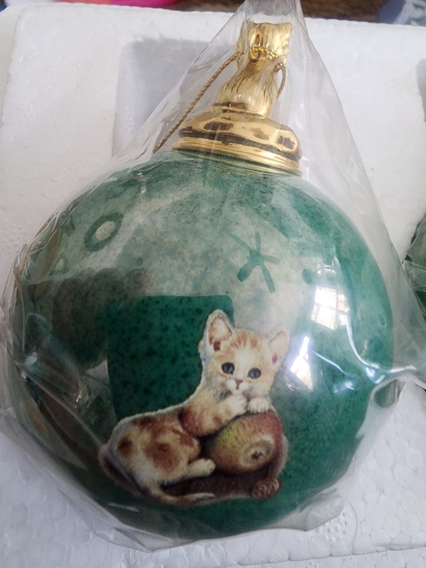 2 1999 Bradford Exchange Porcelain Hanging Figural Cat Round Ball Ornaments - I Bought a Yard Sale