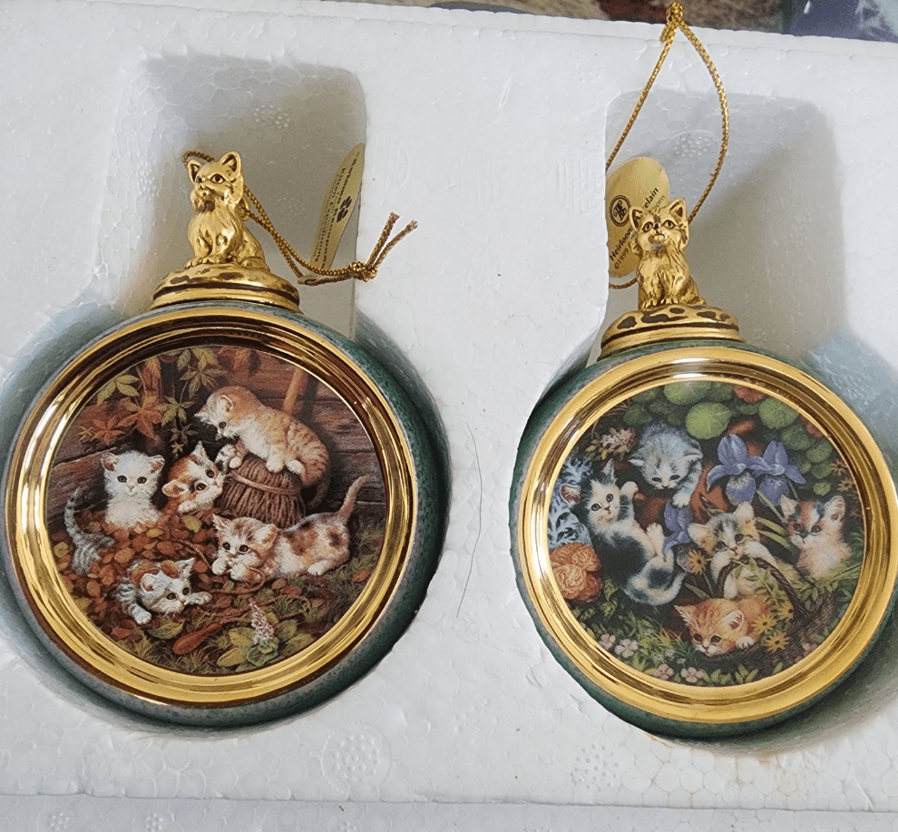 2 1999 Bradford Exchange Porcelain Hanging Figural Cat Round Ball Ornaments - I Bought a Yard Sale