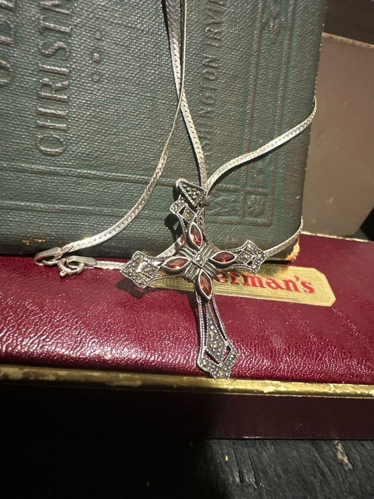 Vintage Sterling Silver Marcasite and Garnet Cross Necklace