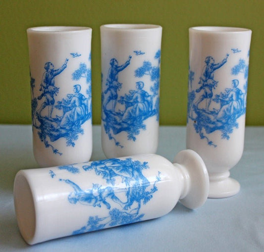 4 Avon Milk Glass Shooters - Tall Cups with Blue Romantic Imagery - I Bought a Yard Sale