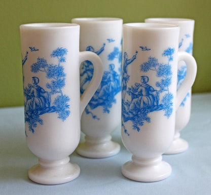 4 Avon Milk Glass Shooters - Tall Cups with Blue Romantic Imagery - I Bought a Yard Sale