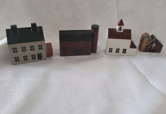 4 Minature wooden whimsical houses church barn - I Bought a Yard Sale