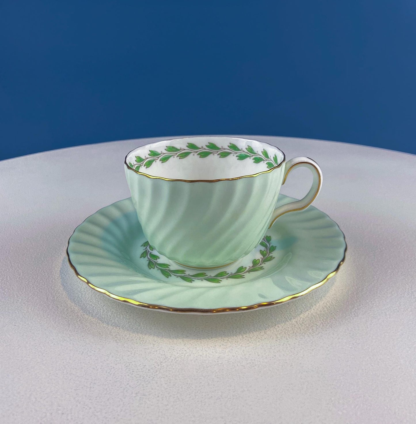 4 Minton Porcelain Cups and Saucers. Creamy Green & White Set with Delicate Leaf Garland Motif. Dining Room Table Decor. French Country. - I Bought a Yard Sale