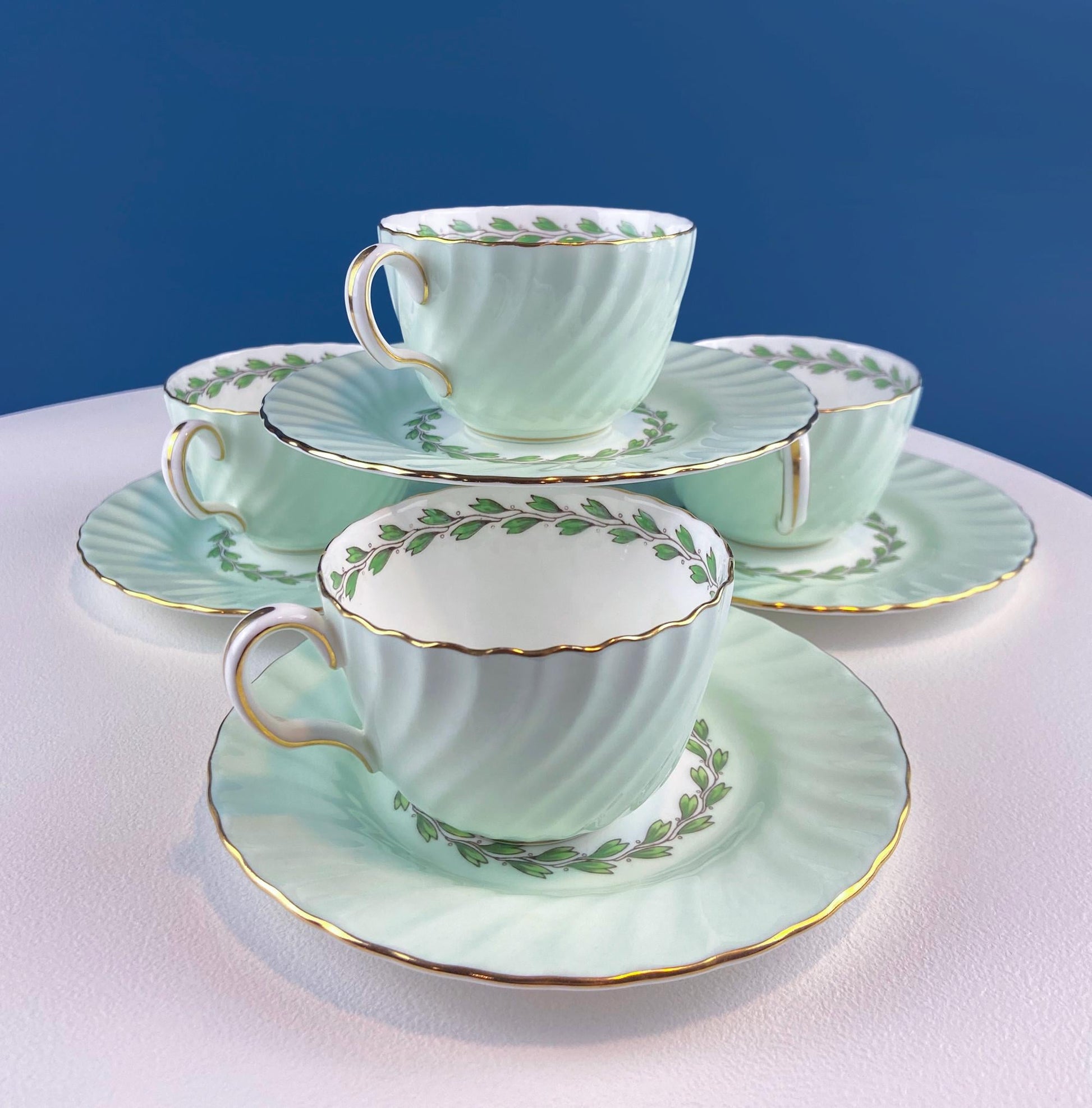 4 Minton Porcelain Cups and Saucers. Creamy Green & White Set with Delicate Leaf Garland Motif. Dining Room Table Decor. French Country. - I Bought a Yard Sale