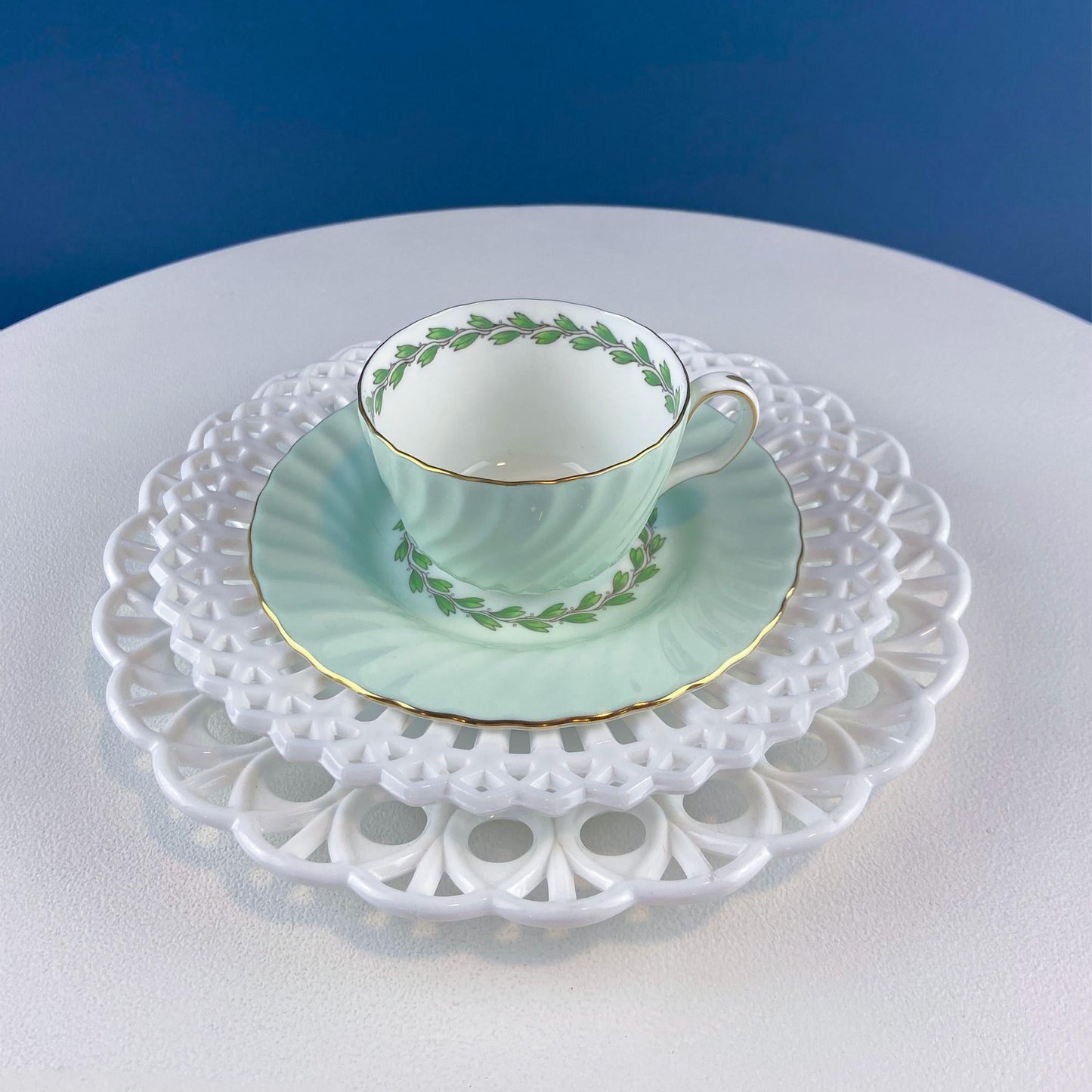 4 Minton Porcelain Cups and Saucers. Creamy Green & White Set with Delicate Leaf Garland Motif. Dining Room Table Decor. French Country. - I Bought a Yard Sale