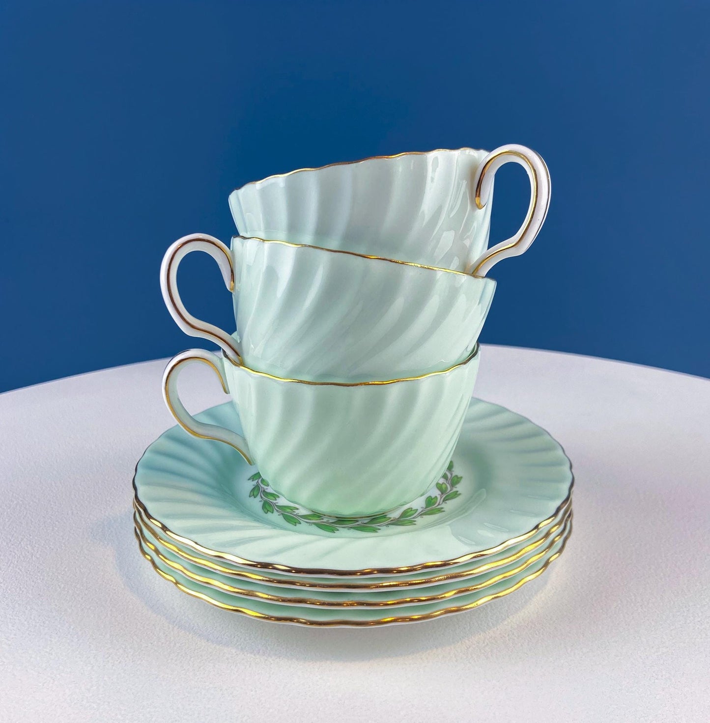 4 Minton Porcelain Cups and Saucers. Creamy Green & White Set with Delicate Leaf Garland Motif. Dining Room Table Decor. French Country. - I Bought a Yard Sale