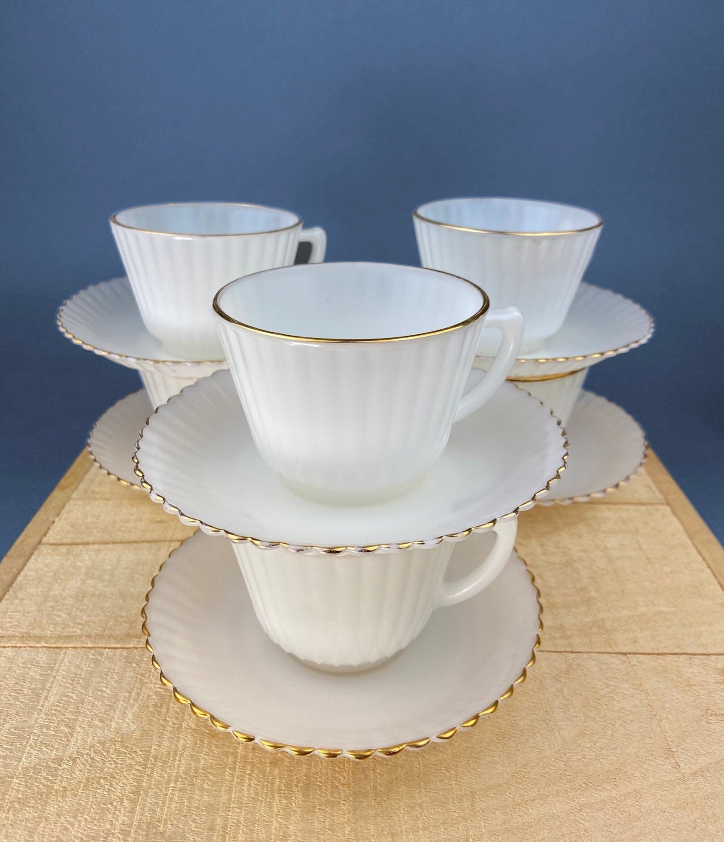 5 Opalescent Monax Petalware TeaCups. White and Gold Brim Depression Glass Coffee Cups. White Table Setting. Houseware. Dinning Room Decor. - I Bought a Yard Sale