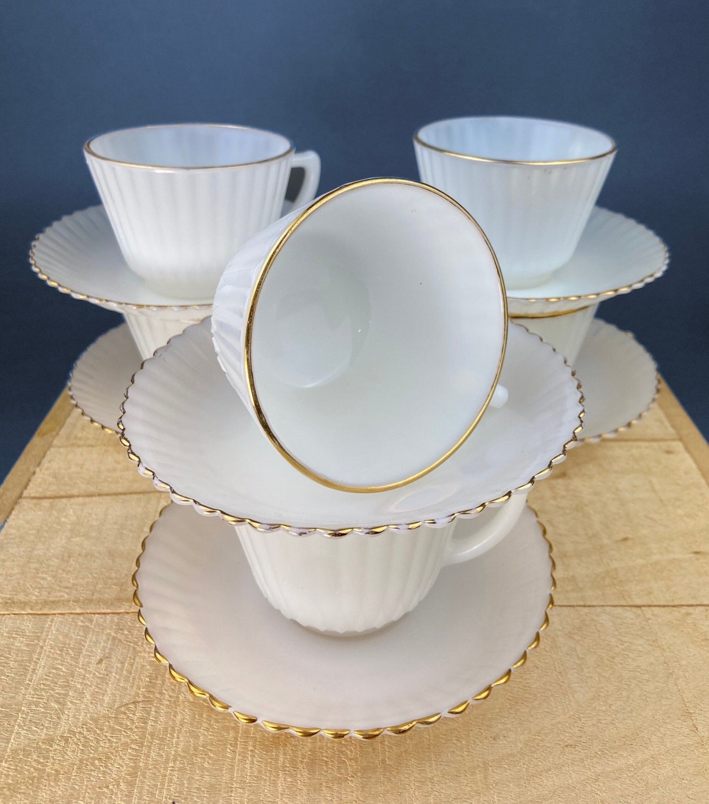 5 Opalescent Monax Petalware TeaCups. White and Gold Brim Depression Glass Coffee Cups. White Table Setting. Houseware. Dinning Room Decor. - I Bought a Yard Sale