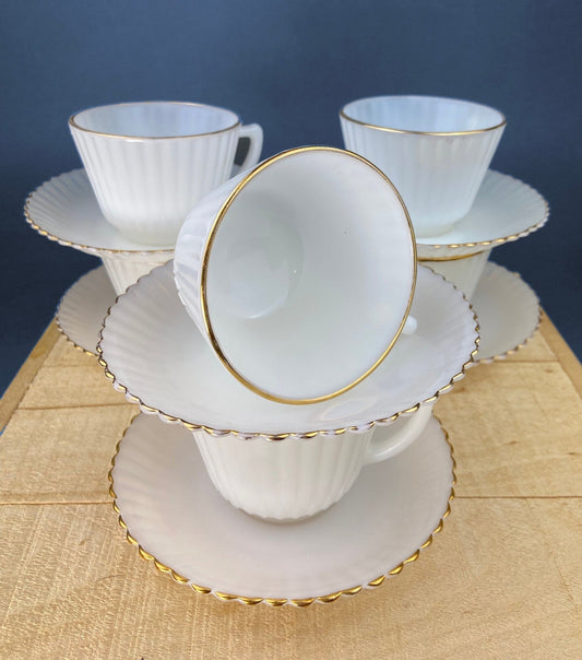 5 Opalescent Monax Petalware TeaCups. White and Gold Brim Depression Glass Coffee Cups. White Table Setting. Houseware. Dinning Room Decor. - I Bought a Yard Sale