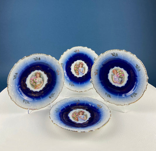 6" Salad or Dessert Plates. Set of Four Antique Royal Bavarian, Hand Painted Cobalt Blue With Women Holding Flowers. Collectible Porcelain. - I Bought a Yard Sale