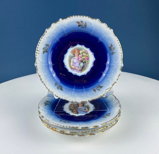 6" Salad or Dessert Plates. Set of Four Antique Royal Bavarian, Hand Painted Cobalt Blue With Women Holding Flowers. Collectible Porcelain. - I Bought a Yard Sale