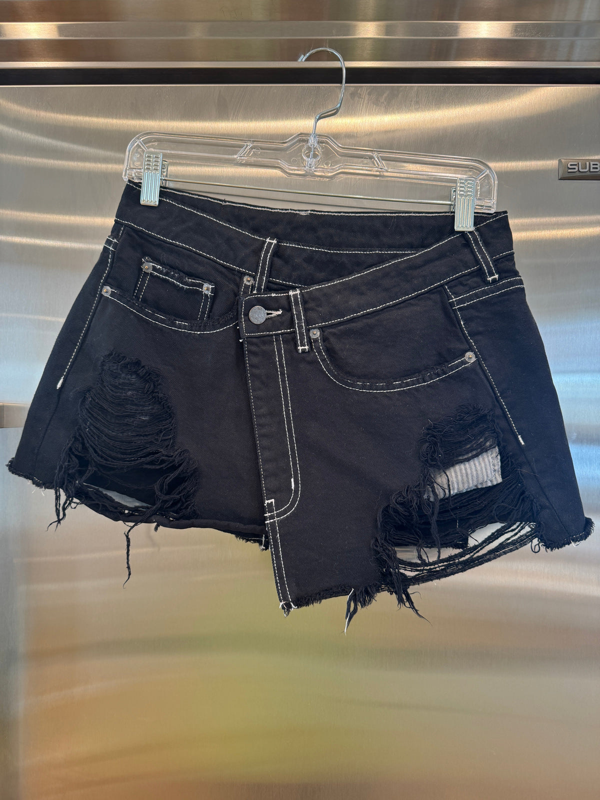 Carmar LF Asymmetrical Black Denim Mini Skirt Distressed Jean Skirt * Pre-Owned *