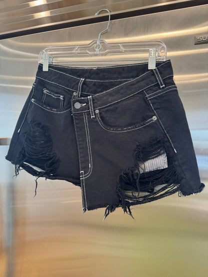 Carmar LF Asymmetrical Black Denim Mini Skirt Distressed Jean Skirt * Pre-Owned *