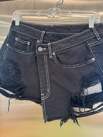 Carmar LF Asymmetrical Black Denim Mini Skirt Distressed Jean Skirt * Pre-Owned *