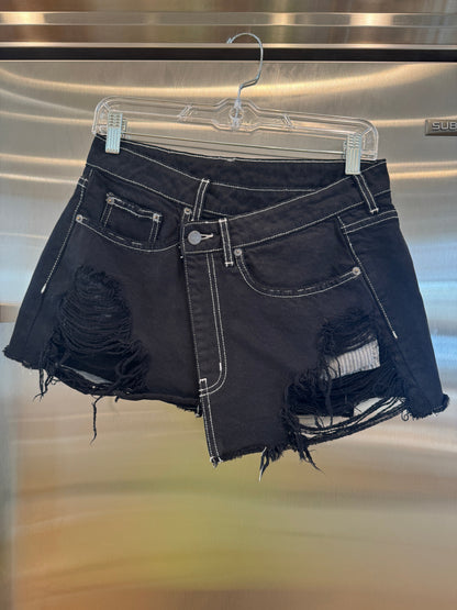 Carmar LF Asymmetrical Black Denim Mini Skirt Distressed Jean Skirt * Pre-Owned *
