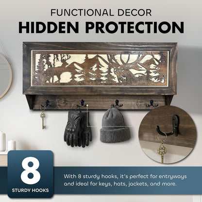 Deer Hunter Hidden Gun Storage - Coat Rack Concealment Shelf with Hooks for Coats, Bags, & Hats - Quick Access Hidden Gun Shelf - Hidden Storage Furniture with Secure Magnetic Lock
