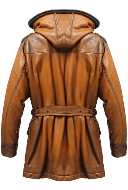 Men’s Vintage Hooded Fur Leather Coat – Classic Tan Brown Outerwear