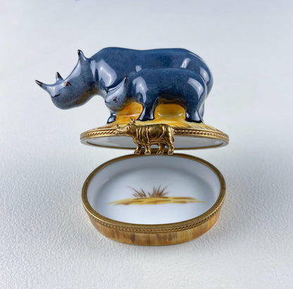 Mom and Baby Rhinos Vintage Retired Limoges Miniature Box. Collectible Porcelain & Brass Trinket Ring Pill Box. African Safari Design.