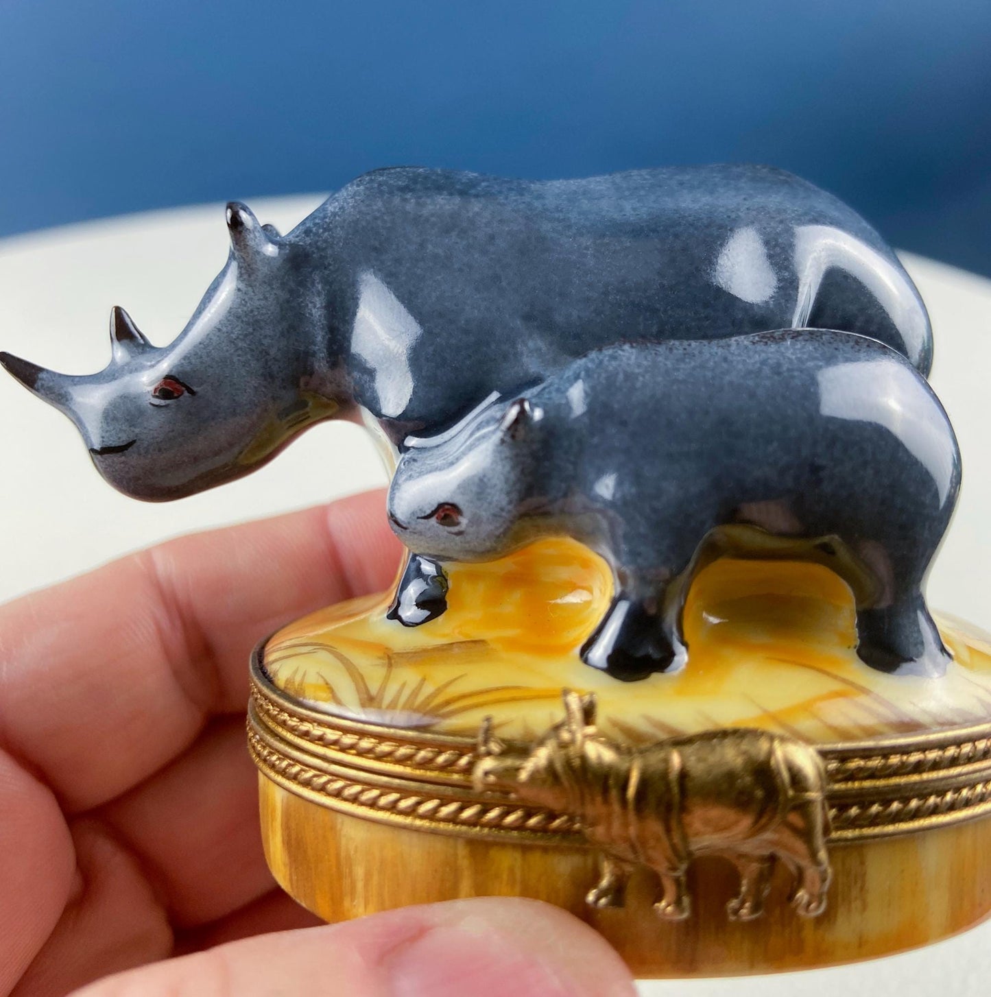Mom and Baby Rhinos Vintage Retired Limoges Miniature Box. Collectible Porcelain & Brass Trinket Ring Pill Box. African Safari Design.