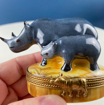 Mom and Baby Rhinos Vintage Retired Limoges Miniature Box. Collectible Porcelain & Brass Trinket Ring Pill Box. African Safari Design.